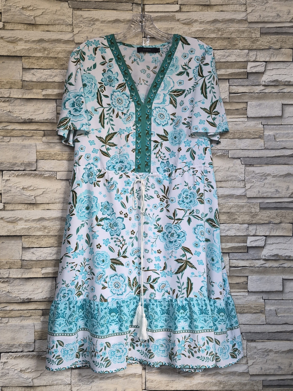 ​LEANI Boho Midi Dress Women's L White/Blue Floral Tassel Drawstring Casual